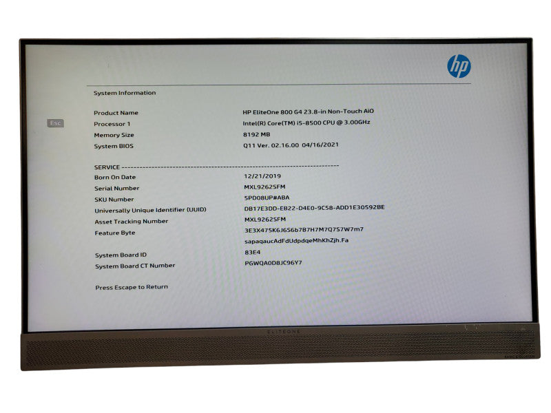 HP EliteOne 800 G4 AIO Core i5-8500 3.0Ghz/8GB RAM / Not HDD/ Not Stand
