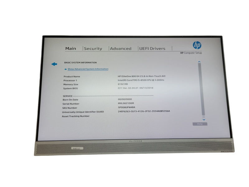 HP Eliteone 800 G4 23.8in AIO Intel i5-8500@3.00GHz 8GB NO-HDD/SSD, NO STAND\t Q
