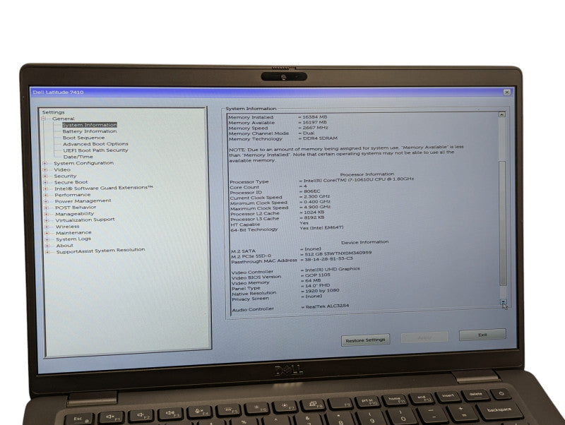 DELL Latitude 7410 Intel Core i7-10610U 16GB RAM 512GB NVMe  - Lap200