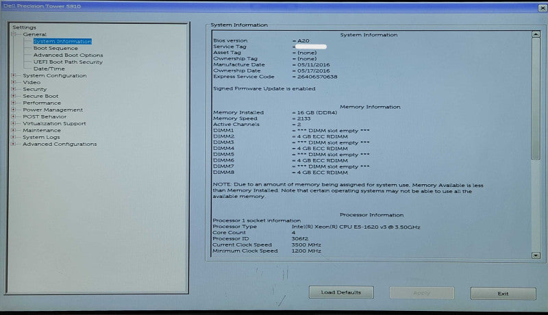 Dell Precision Tower 5810, Xeon E5-1620v3 3.50GHz, 16GB DDR4, No HDD, K620