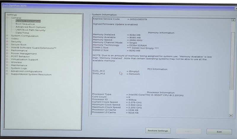Dell OptiPlex 3070 USFF Desktop 8GB i5 9500T@3.0GHz NO-HDD/SSD