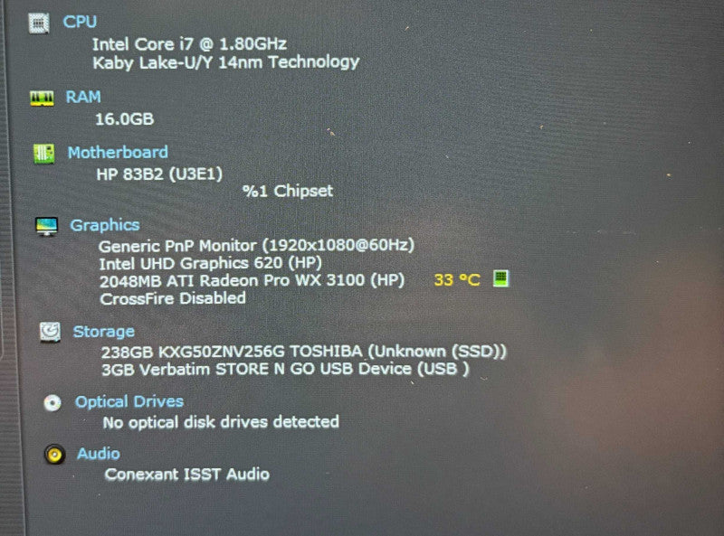 HP ZBook 14u G5 i7-8550U@1.8GHz Radeon Pro WX 3100 GPU 16GB RAM 256SSD READ! Q Lap200