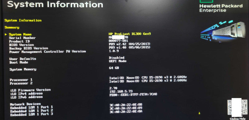 HP Proliant DL380 G9, 2x Xeon E5-2690v3 2.60GHz 64GB DDR4 P440AR 4x 200GB SSD _
