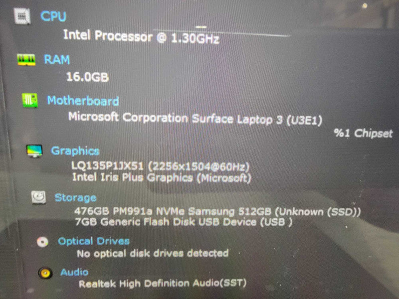 MS Surface Laptop 3 1868 13.5" | i7-1065G7 @1.3GHz 16GB RAM 512GB SSD - READ  Lap200