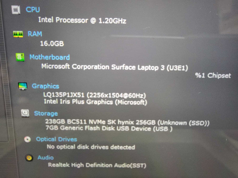 MS Surface Laptop 3 1868 13.5" | i5-1035G7 @1.2GHz 16GB RAM 256GB SSD - READ  Lap200