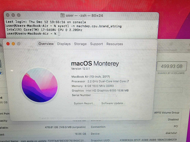 Apple Macbook Air 2017 13" 2-Core i7-5650U @ 2.2GHz 8GB DDR3 500GB SSD (