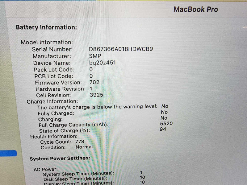 Apple Macbook Pro 2017 15" 4-Core i7-7700HQ @ 2.8HGz 16GB DDR3 250GB SSD (