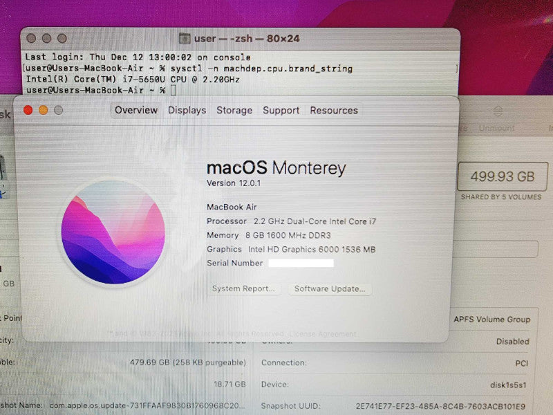 Apple Macbook Air 2017 13" 2-Core i7-5650U @ 2.2GHz 8GB DDR3 500GB SSD