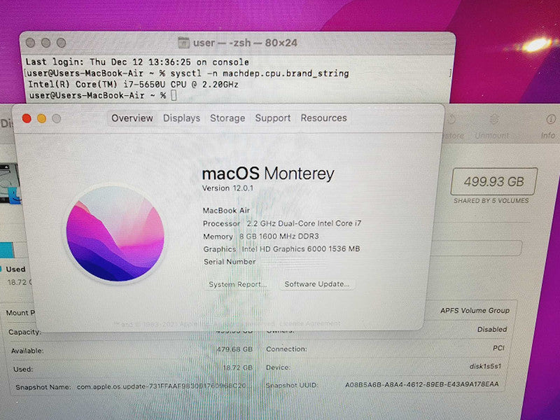 Apple Macbook Air 2017 13" 2-Core i7-5650U @ 2.2GHz 8GB DDR3 500GB SSD
