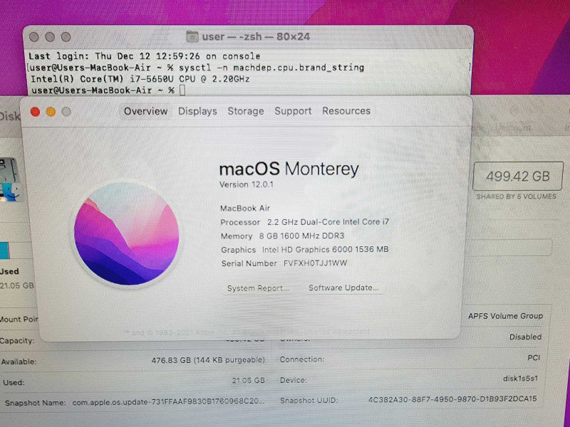 Apple Macbook Air 2017 13" 2-Core i7-5650U @ 2.2GHz 8GB DDR3 500GB SSD