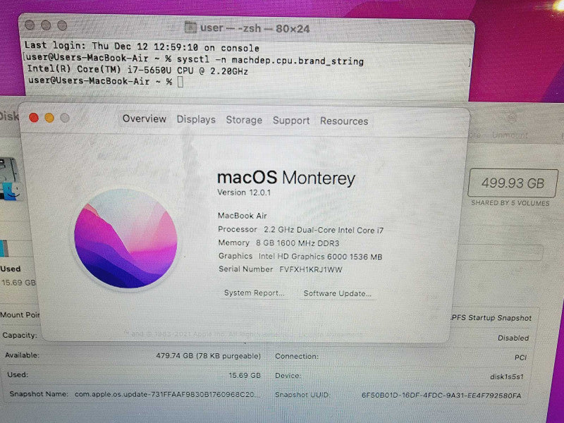 Apple Macbook Air 2017 13" 2-Core i7-5650U @ 2.2GHz 8GB DDR3 500GB SSD