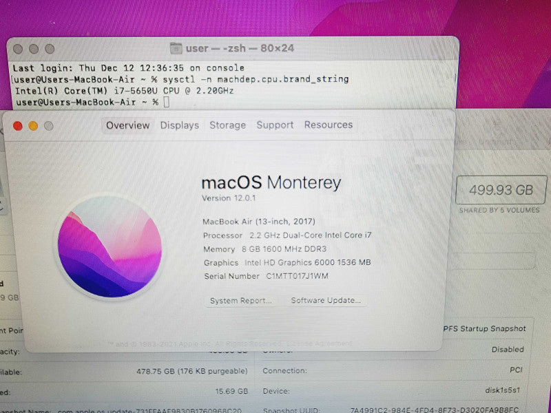Apple Macbook Air 2017 13" 2-Core i7-5650U @ 2.2GHz 8GB DDR3 500GB SSD (