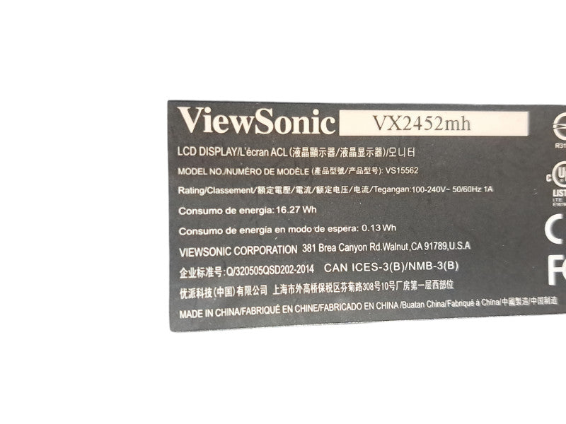 ViewSonic VX2452MH VS15562 Black 24" FHD LCD Monitor