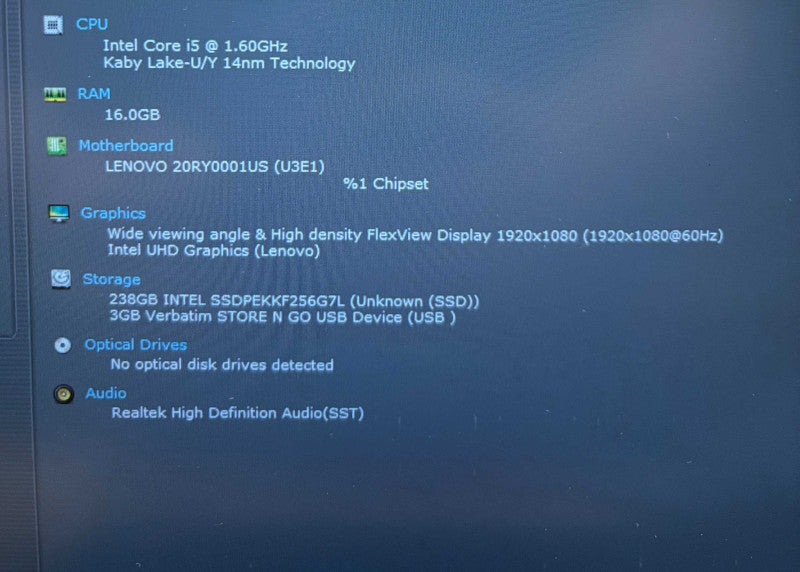Lenovo ThinkPad T490 Intel Core i5-10210U@1.6GHz 16GB RAM 256GB SSD READ  Lap200