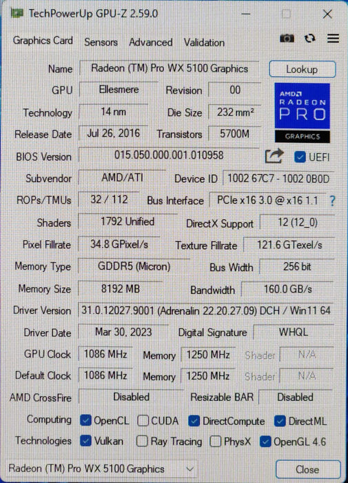 AMD Radeon PRO WX 5100 8GB GDDR5 PCIe x16 Graphics Card