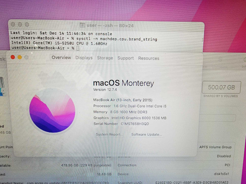 Apple Macbook Air 2015 13" 2-Core i5-5250U @ 1.6GHz 8GB DDR3 500GB SSD (