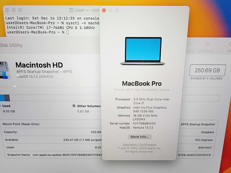Apple Macbook Pro 2017 13" 2-Core i7-7660U @ 2.5GHz 16GB DDR3 250GB SSD (