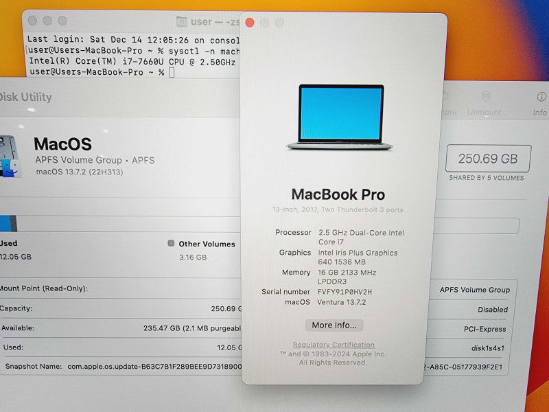 Apple Macbook Pro 2017 13" 2-Core i7-7660U @ 2.5GHz 16GB DDR3 250GB SSD (
