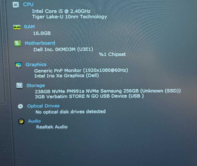 Dell Latitude 3420 Intel Core i5-1135G7@2.4GHz 16GB RAM 256GB NVMe SSD READ  Lap200