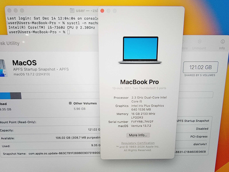 Apple Macbook Pro 2017 13" 2-Core i5-73690U @ 2.3GHz 16GB DDR3 120GB SSD (