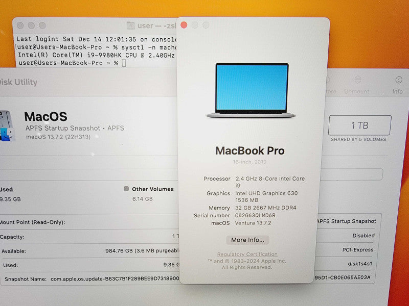 Apple Macbook Pro 2019 16" 8-Core i9-9980HK @2.4GHz 32GB DDR4 1TB SSD 4GB GPU (