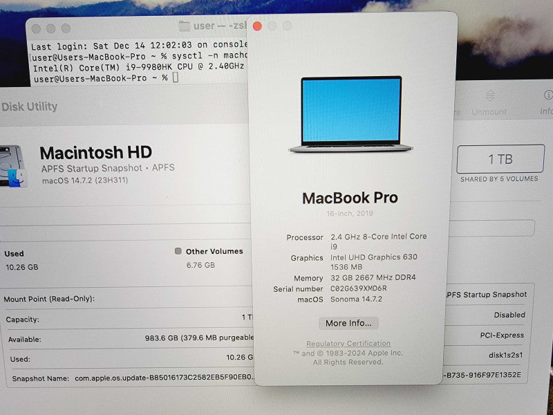 Apple Macbook Pro 2019 16" 8-Core i9-9980HK @2.4GHz 32GB DDR4 1TB SSD 4GB GPU (