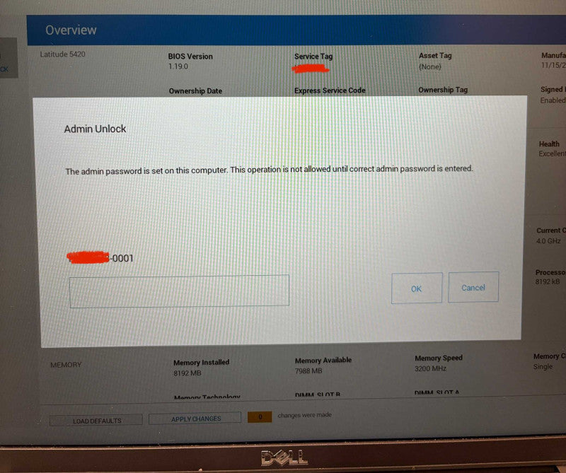 Dell Latitude 5420 i5-1145G7 BIOS Locked Missing Key For Parts/Repair READ!  Lap200