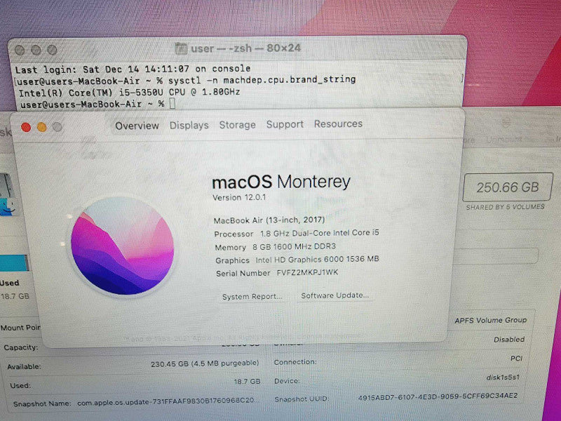 Apple Macbook Air 2017 13" 2-Core i5-5350U @ 1.8GHz 8GB DDR3 250GB SSD (