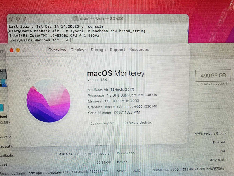 Apple Macbook Air 2017 13" 2-Core i5-5350U @ 1.8GHz 8GB DDR3 500GB SSD (