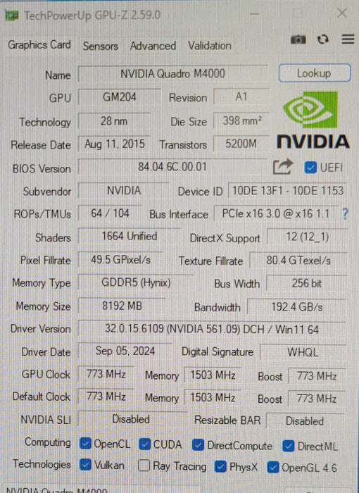 NVIDIA Quadro M4000, 8GB GDDR5 PCIe Graphics Card, 4x Display Port _