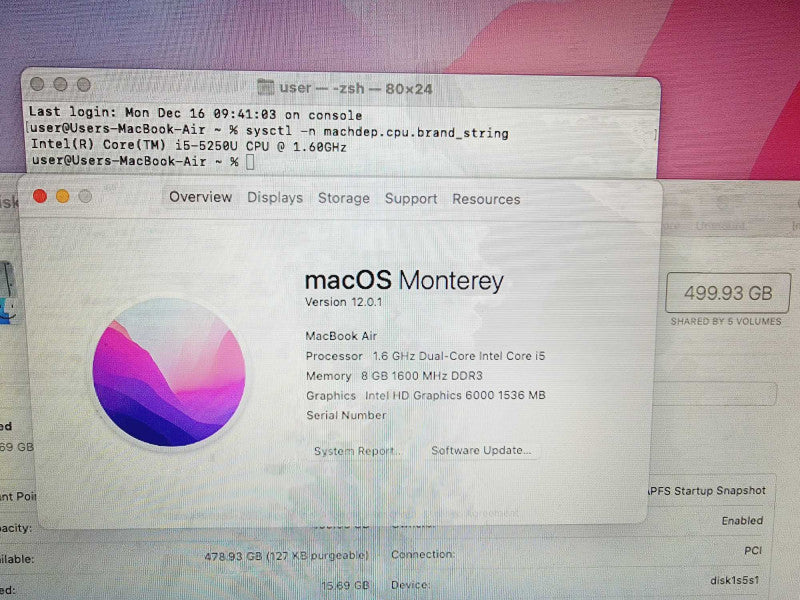 Apple Macbook Air 2015 13" 2-Core i5-5250U @ 1.6GHz 8GB DDR3 500GB SSD (