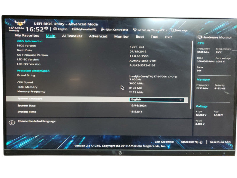 Custom Desktop Intel-i7 9700K + Asus Tuf B365M-Plus Gaming  8GB Ram No HDD