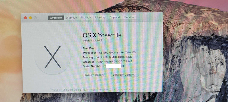 Apple Mac Pro 2013 Xeon E5-1650v2, 64GB, 250GB SSD, FirePro D500 3GB GPU _