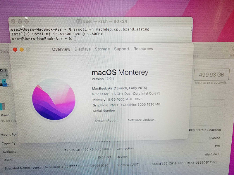 Apple Macbook Air 2015 13" 2-Core i5-5250U @ 1.6GHz 8GB DDR3 500GB SSD (