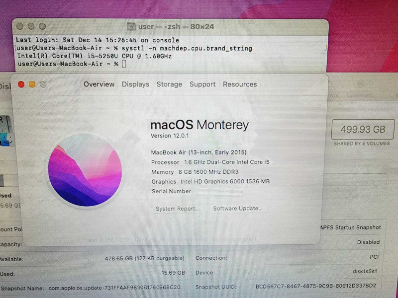 Apple Macbook Air 2015 13" 2-Core i5-5250U @ 1.6GHz 8GB DDR3 500GB SSD (