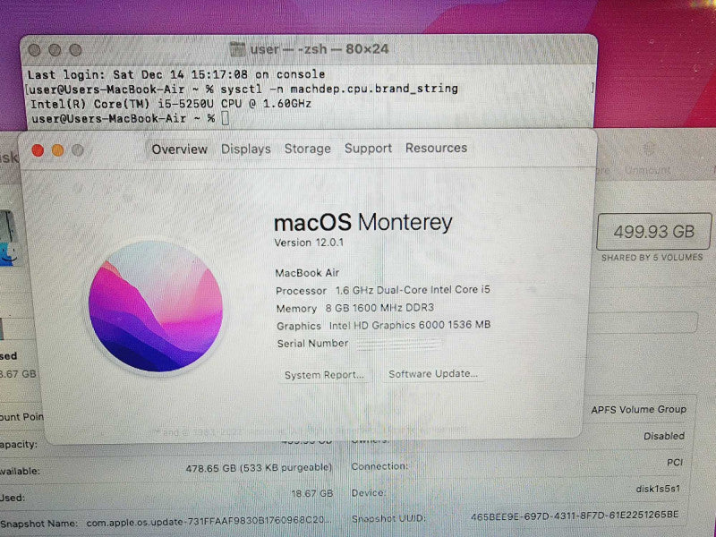 Apple Macbook Air 2015 13" 2-Core i5-5250U @ 1.6GHz 8GB DDR3 500GB SSD (