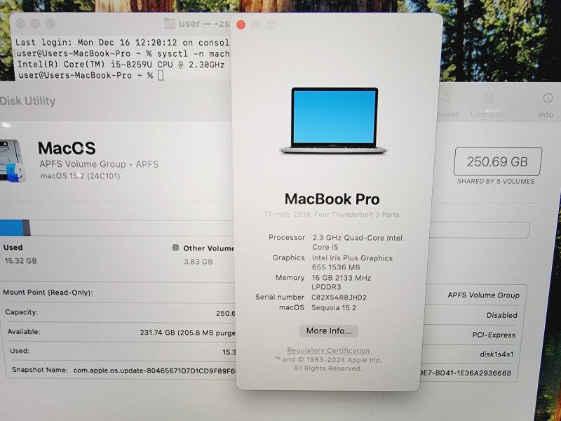 Apple Macbook Pro 2018 13" 4-Core i5-8259U @ 2.3GHz 16GB DDR3 250GB SSD (