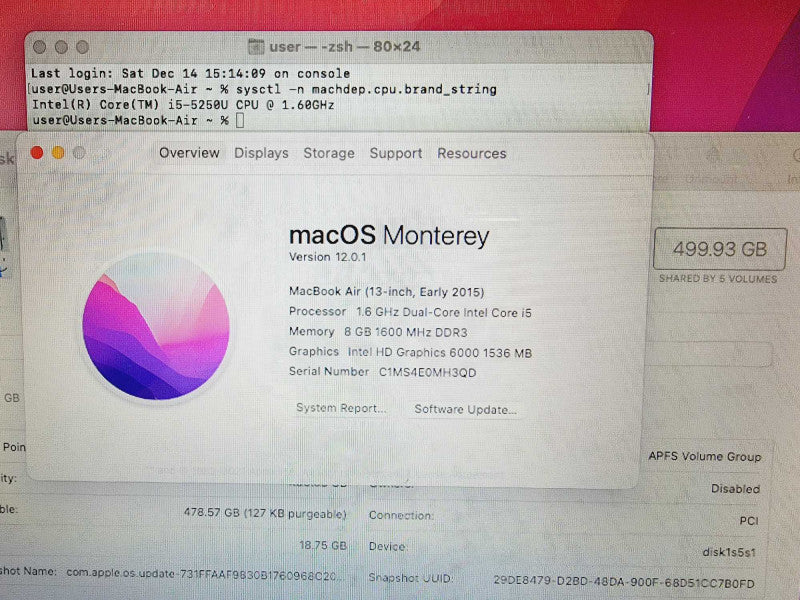 Apple Macbook Air 2015 13" 2-Core i5-5250U @ 1.6GHz 8GB DDR3 500GB SSD (
