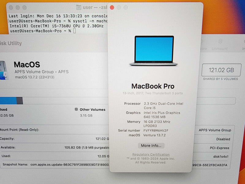 Apple Macbook Pro 2017 13" 2-Core i5-7360U @ 2.3GHz 16GB DDR3 120GB SSD (