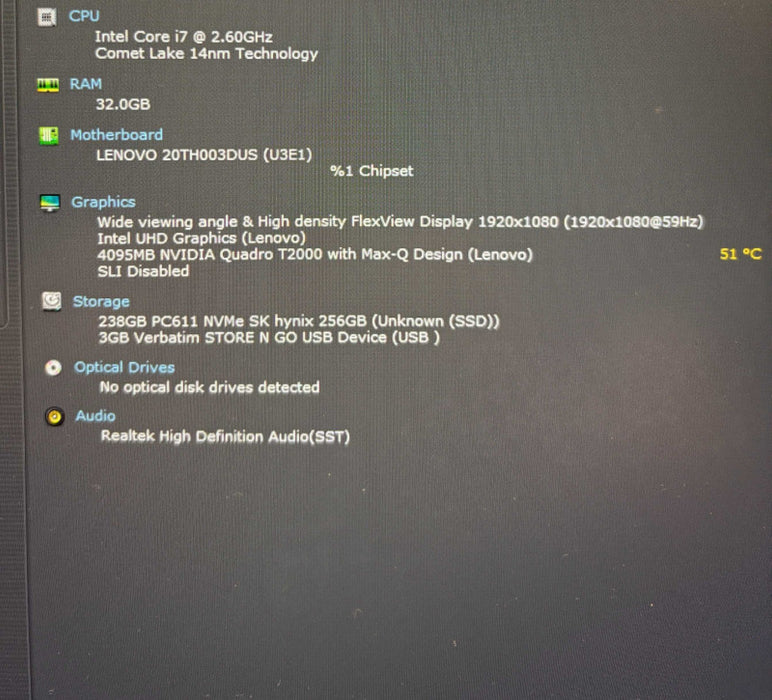 Lenovo ThinkPad P1 Gen 3 i7-10750H QUADRO T2000 4GB GPU 16GB RAM 256GB SSD  Lap200