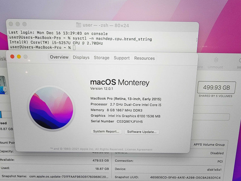 Apple Macbook Pro Retina 2015 13" 2-Core i5-5257U @ 2.7GHz 8GB DDR3 500GB SSD (
