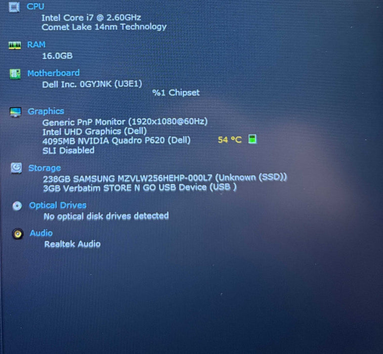Dell Precision 3551 i7-10750H QUADRO P620 4GB GPU 16GB RAM 256GB SSD READ  Lap200