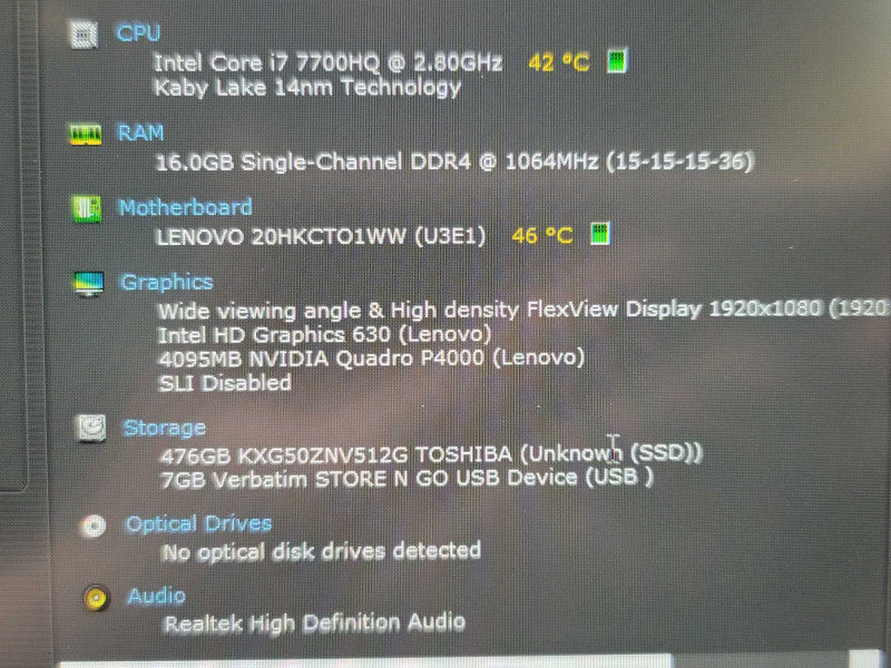 Lenovo ThinkPad P71| i7-7700HQ| 16GB DDR4| Quadro P4000| 512GB SSD | NO BATTE β Lap200