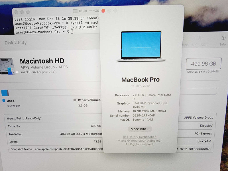 Apple Macbook Pro 2019 16" 6-Core i7-9750H @ 2.6GHz 16GB DDR4 500GB SSD 4GB GPU (