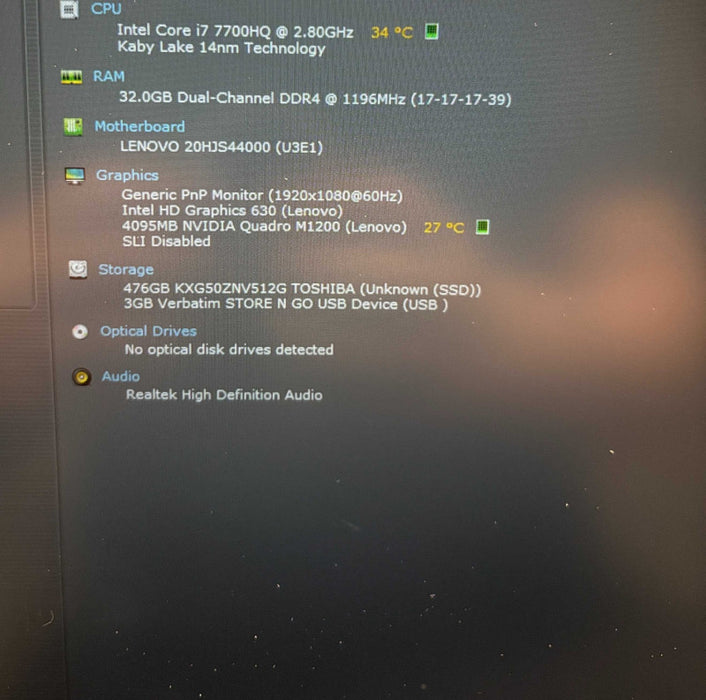 Lenovo ThinkPad P51 i7-7700HQ@2.8GHz QUADRO M1200 4GB GPU 32GB RAM 512GB SSD Q Lap200