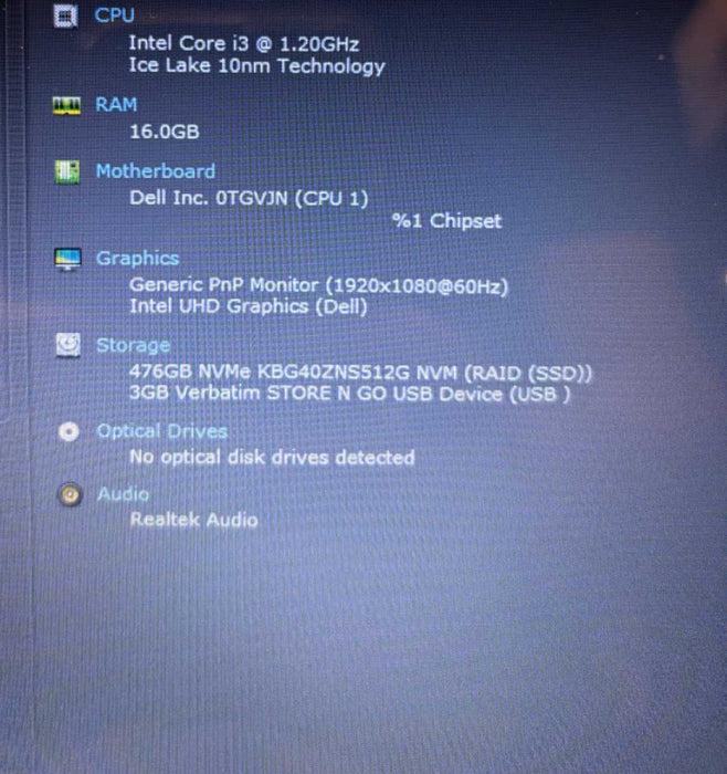 Dell Inspiron 3593 Intel Core i3-1005G1@1.2GHz 16GB DDR4 RAM 256GB SSD  Lap200