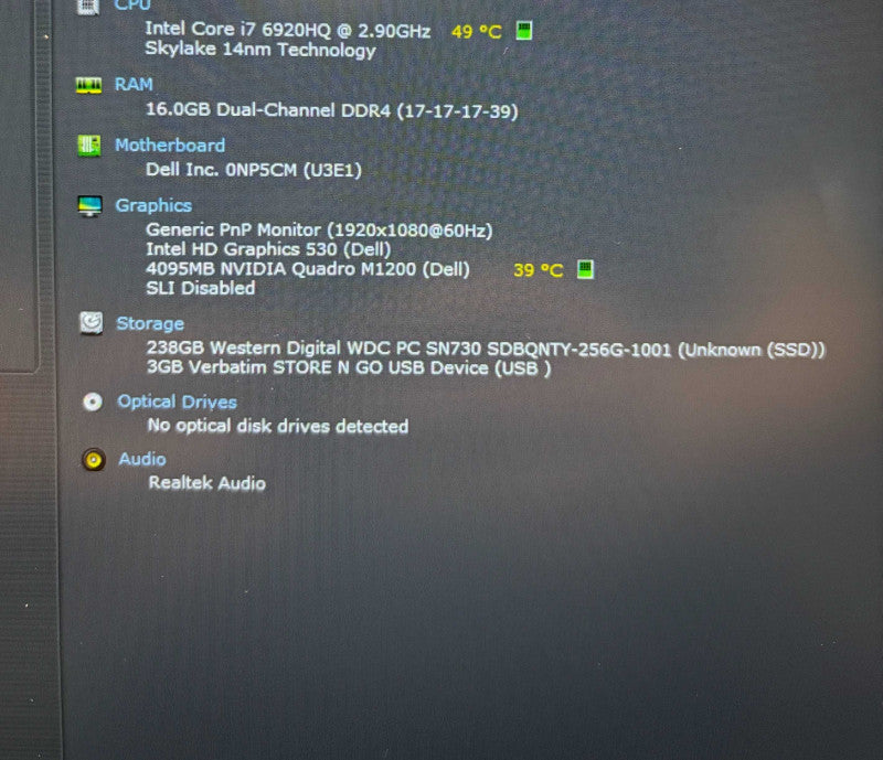 Dell Precision 7520 i7-6920HQ@2.9GHz QUADRO M1200 4GB GPU 16GB 256SSD  Lap200