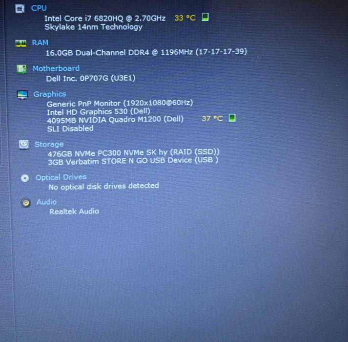 Dell Precision 7520 i7-6820HQ QUADRO M1200 4GB GPU 16GB RAM 256GB SSD  Lap200