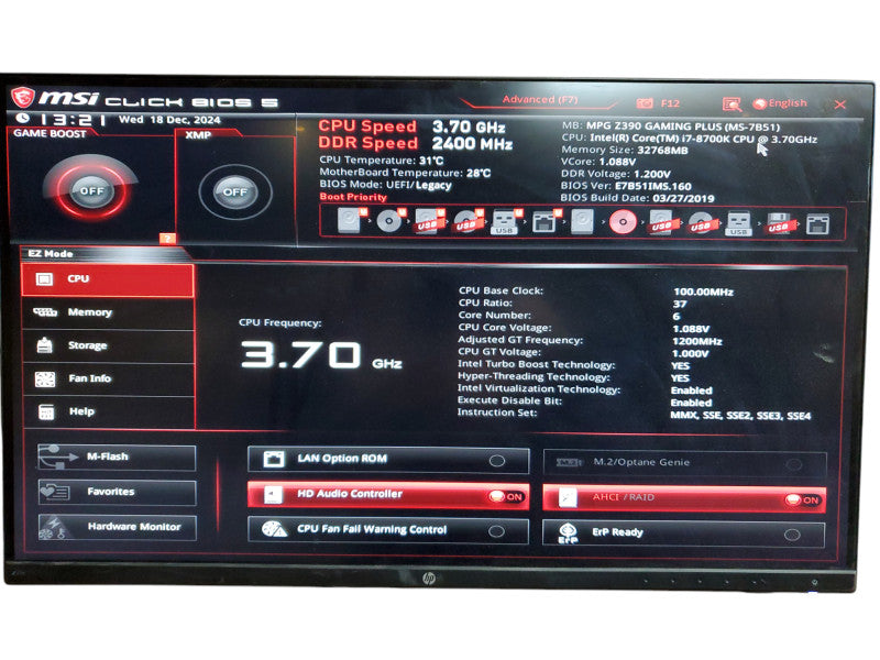Custom Desktop MSI Z390 Gaming plus Core I7-8700K 3.7Ghz - 32GB Ram - No HDD