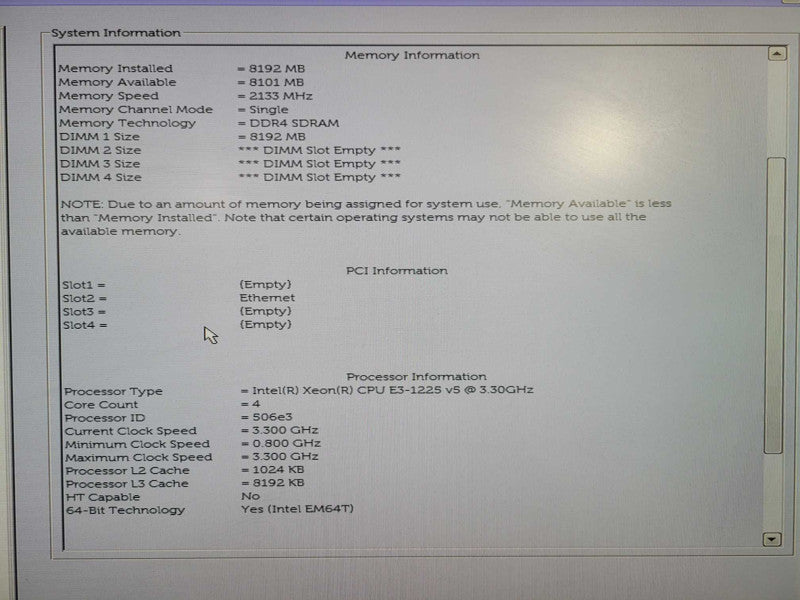 Dell T30 PowerEdge server XEON E3-1225 V5 @ 3.30GHz 8GB ram No HDD/No OS !